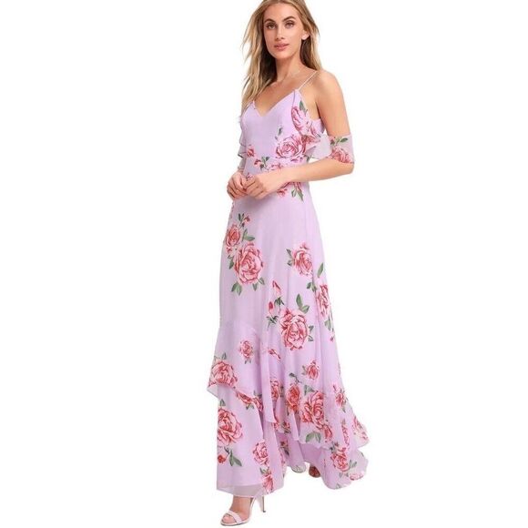 Lulu’s Take You There Lavender Floral Print Maxi Dress M Flowy Tiered Roses - Picture 2 of 10